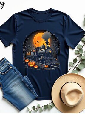 Halloween Train T-Shirt with Jack O Lantern Pumpkins, Retro Spooky Costume Shirt